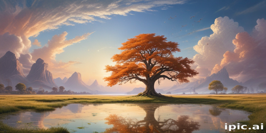 Majestic Autumn Landscape: Vibrant Orange Tree Reflecting in Tranquil Water