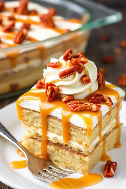 Delicious layered dessert with cake layers topped with whipped cream caramel sauce and chopped pecans served on a plate with a fork beside it and more dessert in the background on a glass serving dish.