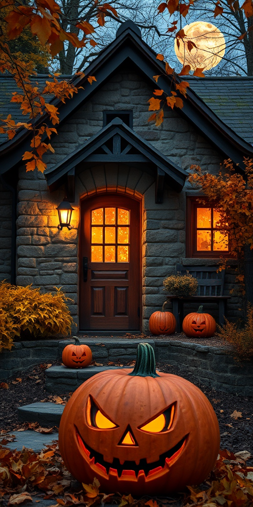 A cozy Halloween scene featuring a rustic stone cottage adorned with autumn leaves, illuminated by a warm glow from the door, a large carved pumpkin with an eerie expression in the foreground, golden fall foliage, a full moon in the background, captured with a DSLR camera, 35mm lens, f/1.8 aperture, shutter speed 1/60s, ISO 400, evening twilight.