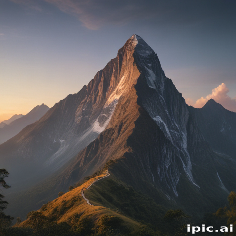 Majestic Mountain Peak Bathed in Golden Light at Sunset