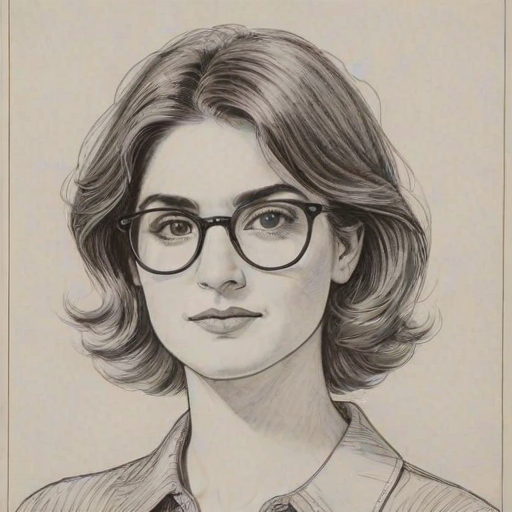 Graceful Gaby Hoffmann, pencil sketch, portrait of Attractive woman 1970s in glasses, hair style beatnik, outline, clear lines, fine lines, 8k