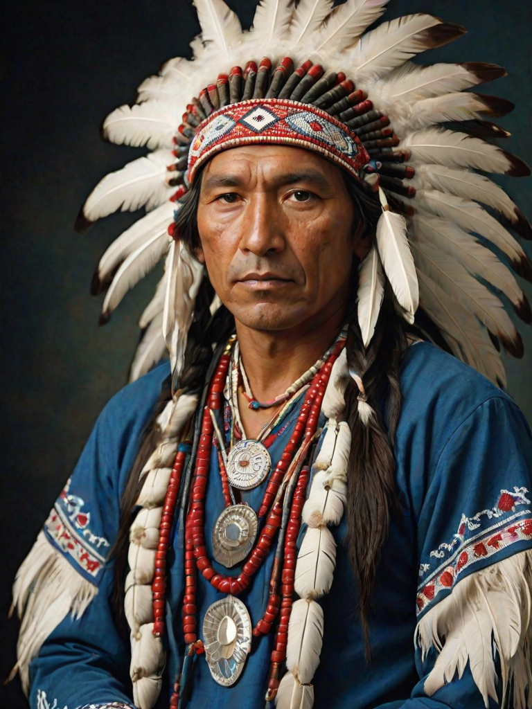 Create a dignified portrait of a Native American man dressed in traditional attire. He wears a beautifully crafted headdress adorned with white feathers and red beads, along with a beaded headband featuring intricate patterns. His clothing includes a deep blue, patterned shirt and a traditional chest piece with detailed beadwork. His arms are crossed, displaying leather armbands decorated with feathers. The background is simple and neutral, emphasizing his proud and stoic expression. The overall image captures the rich cultural heritage and strength of his persona.