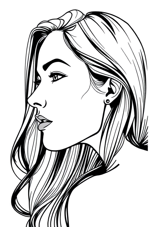 Create a detailed, high-contrast line art illustration of a woman's profile, shot with a 50mm lens at f/1.8, ISO 100, in natural lighting, using a DSLR camera for a sharp focus and smooth background blur.