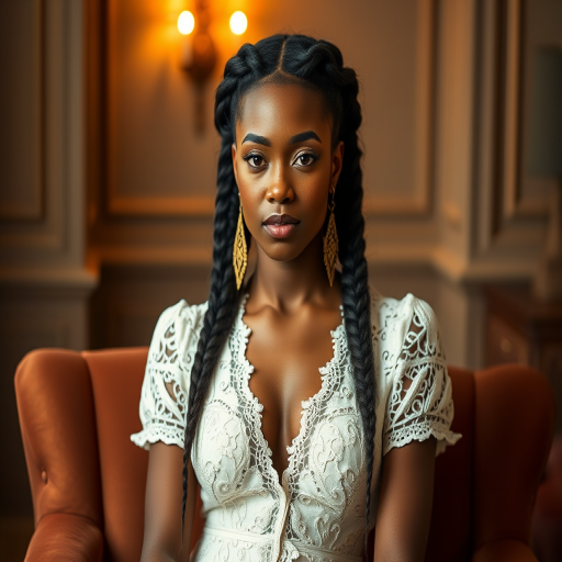 Create a portrait of a refined and elegant Cape Verdean woman seated in a sophisticated setting. She has long, wavy hair styled in two thick braids that are pulled over her shoulders. She wears a white, lace gown with intricate patterns, featuring a deep V-neckline and short sleeves. The dress exudes a vintage charm with its delicate lacework. She is adorned with ornate, dangling earrings that add a touch of glamour to her appearance. The background is softly lit, with warm, ambient lighting that creates a cozy and inviting atmosphere. Her expression is poised and serene, capturing a sense of grace and elegance.