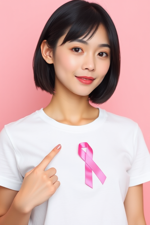 A woman with short black hair wearing a plain white t-shirt, pointing to a pink ribbon on her shirt, minimalistic style, soft focus, aperture f/2.8, shutter speed 1/125s, ISO 200, 50mm lens, bright pastel background.