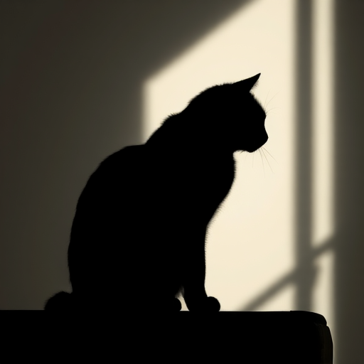 Create a stylized black and white silhouette of a cat, using a Canon EOS R5 camera, 50mm lens, f/1.8 aperture, ISO 200, in soft natural light from the left side, with a shallow depth of field to emphasize the silhouette against a simple textured background.