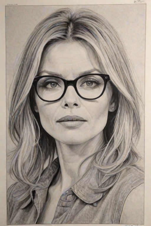 Fetching Michelle Pfeiffer, pencil sketch, portrait of Captivating woman 1963s in glasses, hair style beatnik, outline, clear lines, fine lines, 8k
