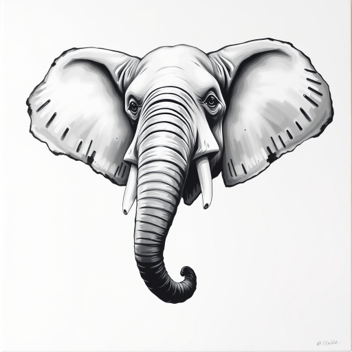 Abstract black and white acrylic portrait of an over exaggerated laughing (elephant). Minimalism style. White background.