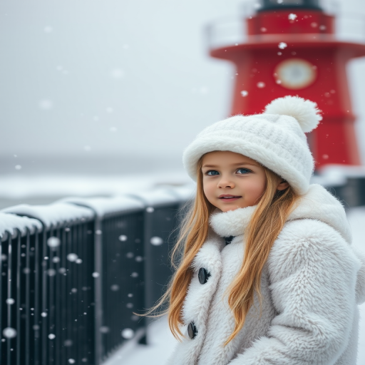 Generate a winter scene featuring a young girl with long blonde hair wearing a white fur coat and a matching hat, standing next to a red lighthouse with snowflakes gently falling around her, shot with a Canon EOS R5 at f/1.8, ISO 100, 50mm lens, with high dynamic range and soft focus for a dreamy effect.