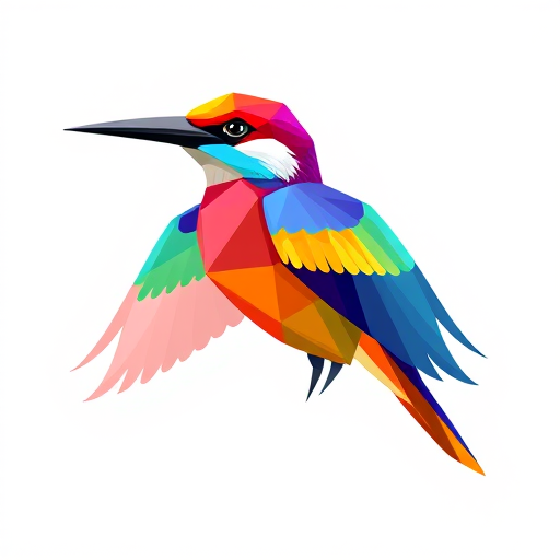 A vibrant and colorful geometric bird illustration with elongated wings and a sharp beak, captured in a high-resolution format, using a DSLR camera, 50mm lens, f/2.8 aperture, ISO 100, natural light, and a shallow depth of field for enhanced details.