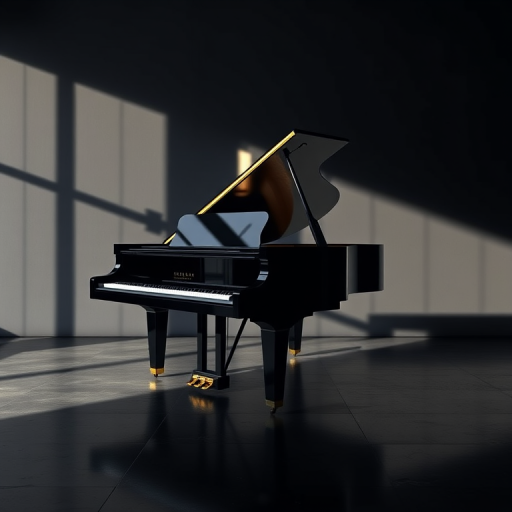 Create a high-resolution image of a grand piano in a minimalistic dark setting, shot with a DSLR camera at 50mm focal length, f/1.8 aperture, ISO 100, with a side view to capture elegant contours and glossy finishes, using soft natural lighting to enhance reflections and details.
