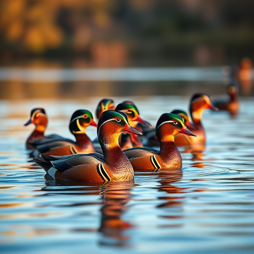 capture a group of mandarin ducks in a serene lake setting during golden hour with a shallow depth of field, using a DSLR camera with a 50mm f/1.8 lens set at ISO 200, aperture f/2.8, and shutter speed 1/200s to enhance color vibrancy and detail