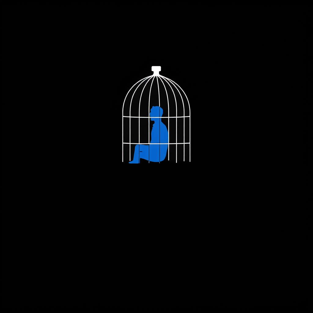 Create a minimalistic illustration of a head silhouette in profile, featuring a blue figure sitting inside a cage within the head, with a stark black background, using a Canon EOS R5, 50mm f/1.2 lens, aperture at f/2.8, shutter speed at 1/200 sec, and ISO 100 for enhanced clarity and detail.