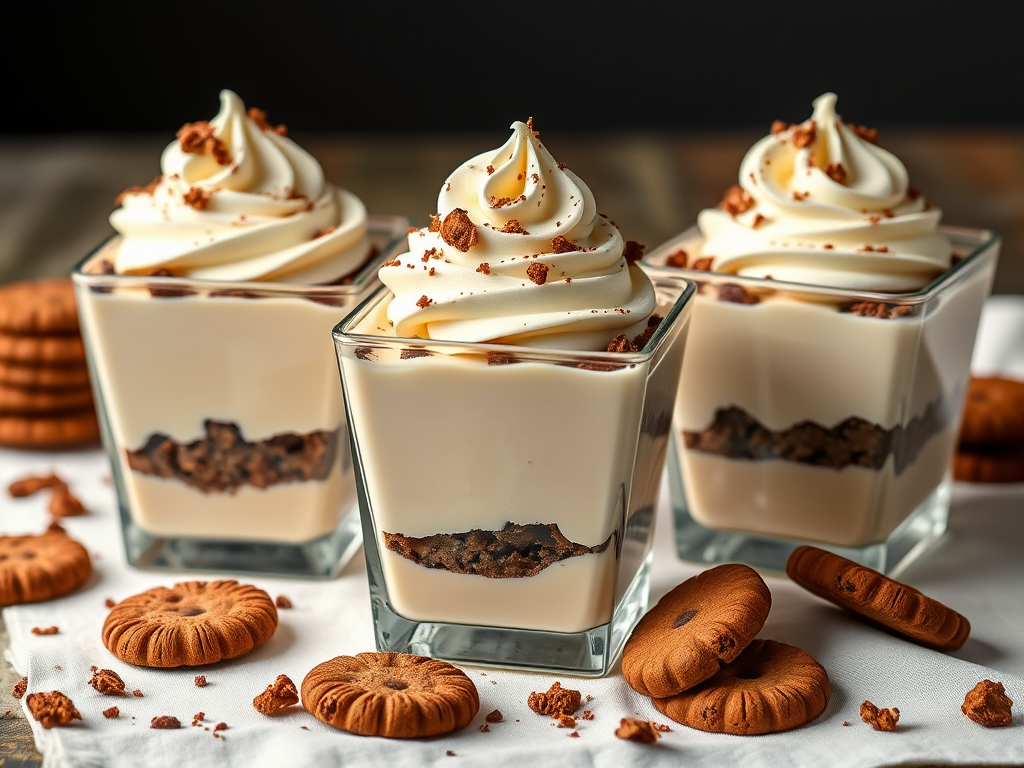 Create an image of three square glass dessert containers filled with layers of creamy dessert topped with piped whipped cream and crushed cookie crumbs placed on a light cloth with scattered cookies around the containers