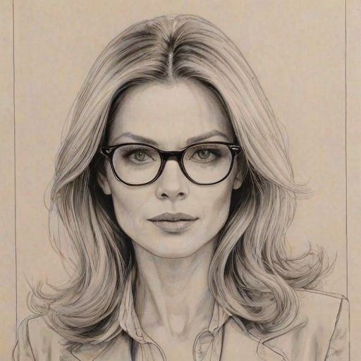 Beauteous Kristin Bauer, pencil sketch, portrait of Appealing woman 1978s in glasses, hair style beatnik, outline, clear lines, fine lines, 8k