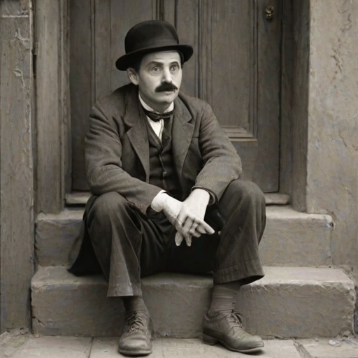 A black-and-white photograph of a man and a child sitting on steps in front of a doorway. The man is dressed as a tramp with a bowler hat, mustache, and ragged clothes, reminiscent of Charlie Chaplin's iconic look. He is sitting with his arms crossed and an expression of slight sadness or frustration. Next to him is a young boy, also in worn clothes and a cap, sitting with his hands clasped, looking thoughtful. The background is an old, textured wall and a partially open door, creating a vintage, early 20th-century atmosphere.