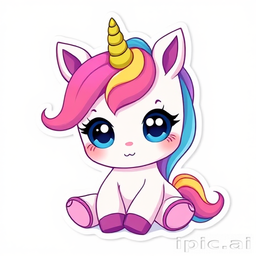 sticker design, white background, rainbow baby unicorn, cartoon figure, expressive big pupils, innocent expression, vibrant colors, very cute, long eyelashes, sitting on the ground, baby small body, baby head