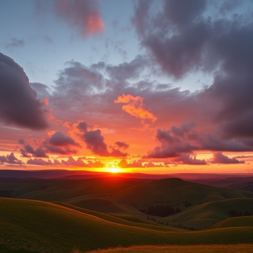 Sunset over rolling hills with dramatic clouds, captured with a DSLR camera, 24mm lens, f/8 aperture, ISO 100, 1/125 sec shutter speed, wide-angle view, vibrant colors and high dynamic range.