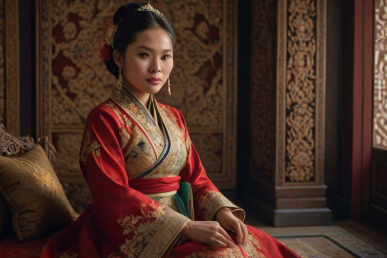 A beautiful Lao woman in traditional East Asian attire, intricately detailed with embroidered patterns, sitting gracefully in a richly decorated room, soft ambient lighting, serene and elegant, ultra-realistic, 8K resolution