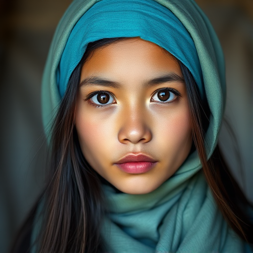 Create a portrait of a young Lao male with long, dark hair and captivating hazel eyes. She is wearing a cyan headscarf and a matching scarf draped gracefully around her neck. The background is softly blurred, focusing attention on her serene and natural expression. The overall color palette is muted and warm, enhancing the intimate and authentic feel of the portrait.