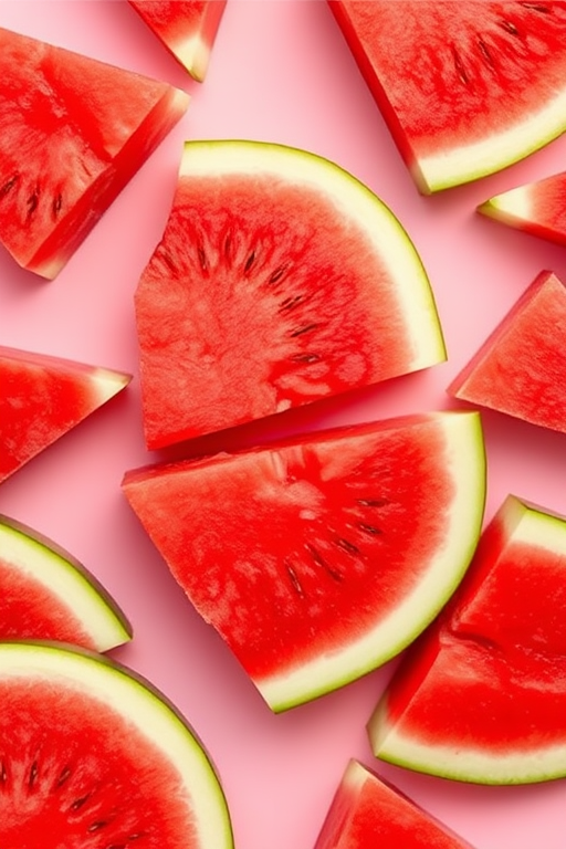 Create a vibrant pattern of watermelon slices arranged diagonally on a soft pink background, captured with a Canon EOS R5, 50mm lens, f/8 aperture, 1/125 sec shutter speed, ISO 100, macro style view for enhanced detail.