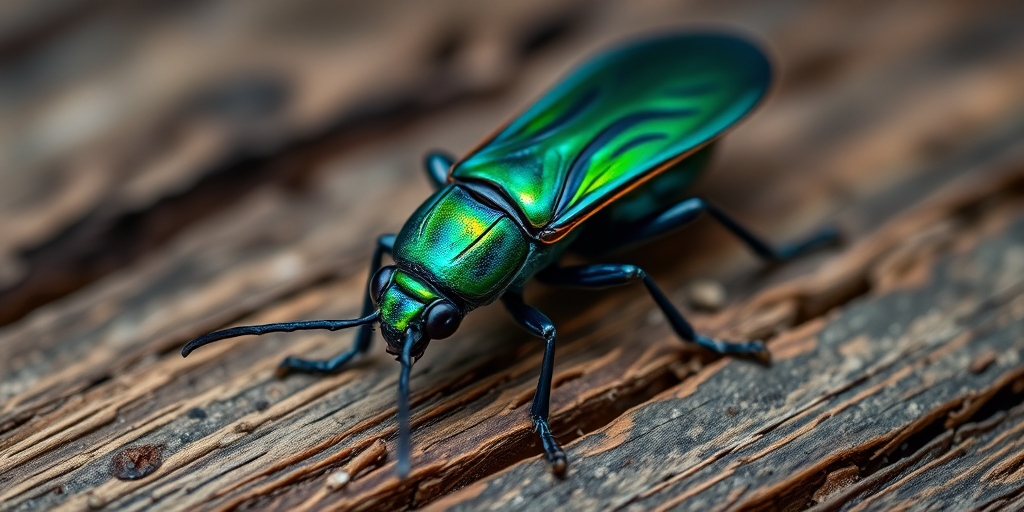 Close-up of a vibrant metallic green and blue insect resting on a weathered wooden surface, shallow depth of field, 50mm lens, f/2.8 aperture, ISO 100, natural lighting, macro photography, DSLR camera.