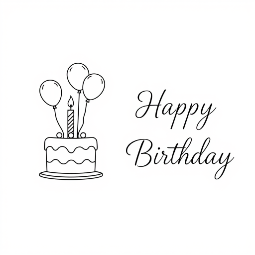Create a simple line drawing of a birthday scene featuring a cake with a candle and three balloons on the left side with the text Happy Birthday elegantly styled on the right side against a plain white background.