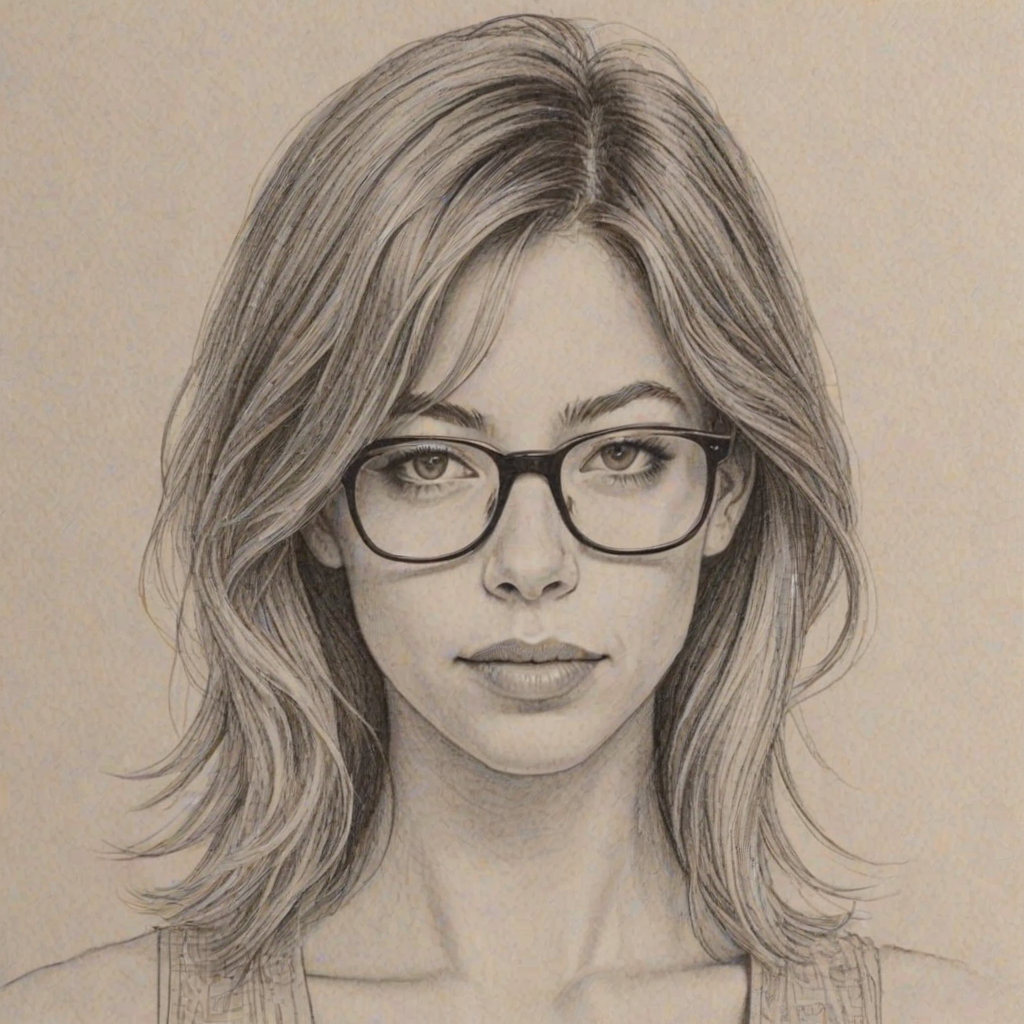 Comely Analeigh Tipton, pencil sketch, portrait of Alluring woman 1979s in glasses, hair style beatnik, outline, clear lines, fine lines, 8k
