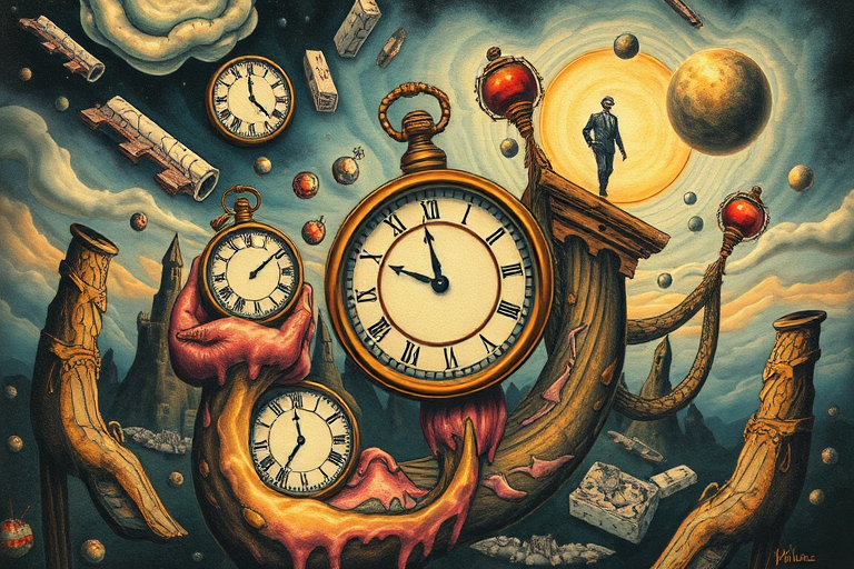 Surrealist tattoo design called "Dreamscape Fusion" depicting melting clocks, floating objects, and distorted perspectives in a Salvador Dali-inspired dreamlike scene