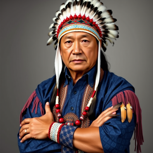 Create a dignified portrait of a Native American man dressed in traditional attire. He wears a beautifully crafted headdress adorned with white feathers and red beads, along with a beaded headband featuring intricate patterns. His clothing includes a deep blue, patterned shirt and a traditional chest piece with detailed beadwork. His arms are crossed, displaying leather armbands decorated with feathers. The background is simple and neutral, emphasizing his proud and stoic expression. The overall image captures the rich cultural heritage and strength of his persona.