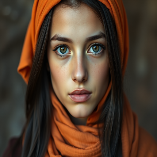 Create a portrait of a young Druze female with long, dark hair and captivating hazel eyes. She is wearing a orange headscarf and a matching scarf draped gracefully around her neck. The background is softly blurred, focusing attention on her serene and natural expression. The overall color palette is muted and warm, enhancing the intimate and authentic feel of the portrait.