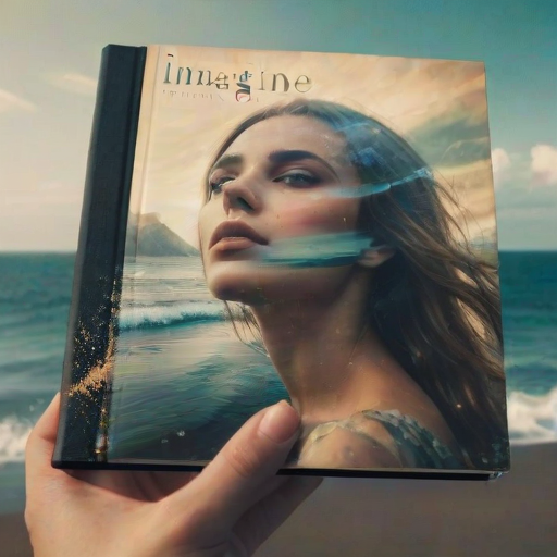 imagine Book cover, A surreal double exposure portrait that blends a woman's face with a beautiful seascape. The overall mood is dreamy and mystical, with rich colors and intricate details