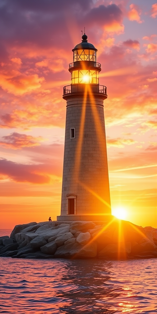 Generate an image of a tall lighthouse perched on a rocky outcrop surrounded by calm ocean waters during a breathtaking sunset. The lighthouse stands sturdy and weathered, its stone surface illuminated by the warm golden light of the setting sun. The sun's rays pass directly through the glass lantern room at the top of the lighthouse, casting a brilliant light across the scene. The sky is painted with vibrant shades of orange, pink, and purple, reflecting off the tranquil sea. The surrounding water shimmers with the same warm hues, creating a serene and majestic atmosphere.