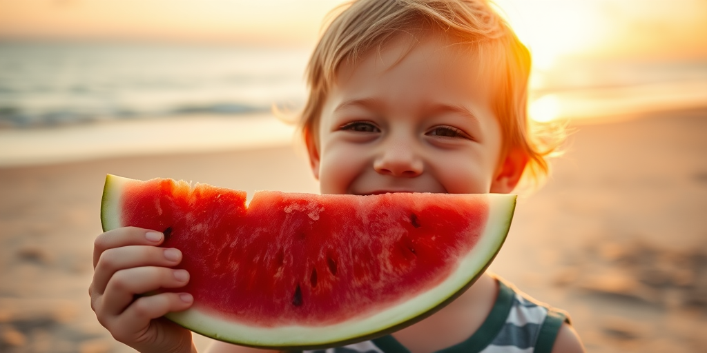 A cheerful child holding a slice of watermelon at the beach during sunset, with soft natural lighting, 50mm lens, f/1.8, ISO 200, shutter speed 1/200, shallow depth of field, captured with a DSLR camera.