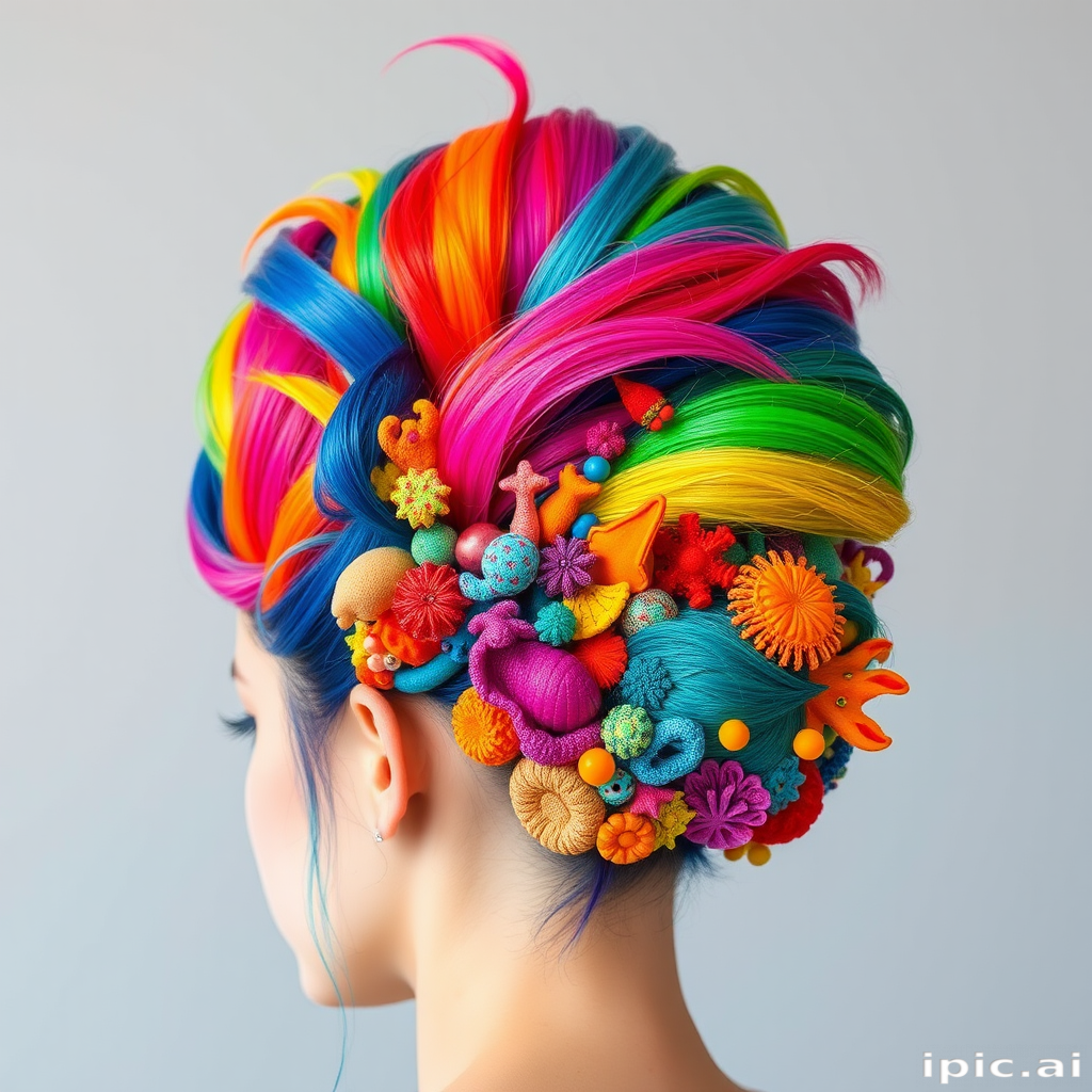 Vivid rainbow hair arranged in a high sculptural updo, resembling a fantastic coral reef teeming with colorful marine life, showcasing an explosion of creativity and artistry.