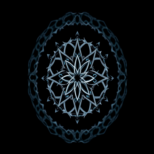 Create an abstract image with a black background featuring a white, intricate geometric design at the center, shot with a Canon EOS 5D Mark IV at f/8, ISO 100, 1/200s, using a macro lens for enhanced detail, high dynamic range, and top-down view for depth.