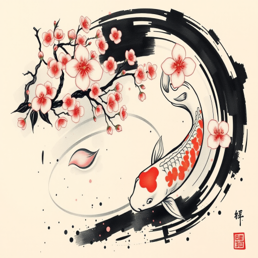 Japanese-inspired brush stroke tattoo depicting a serene koi pond with cherry blossoms, combining traditional sumi-e techniques with modern abstract elements for a unique fusion style