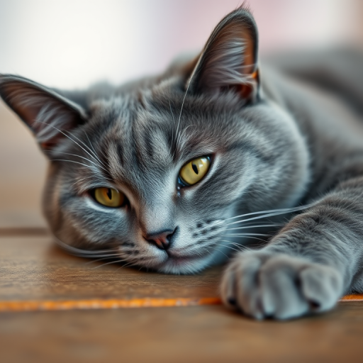 A close-up shot of a gray cat lounging on a wooden surface with soft lighting, using a DSLR camera with a 50mm lens, aperture set to f/1.8, ISO 200, and a shallow depth of field for a blurred background effect.