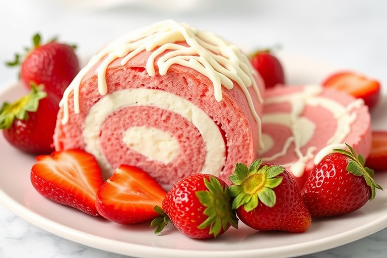 A delicious pink strawberry roll cake with creamy filling sliced on a white plate garnished with fresh strawberries and drizzled with white chocolate.