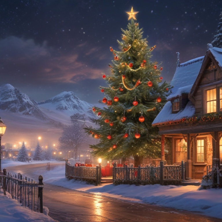 A Cozy Winter Scene Featuring a Festively Decorated Christmas Tree ...