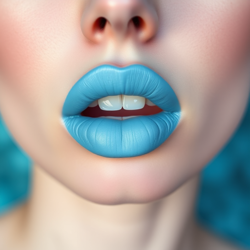 Pastel blue lips with a matte finish, evoking a dreamy and whimsical mood, ideal for a surrealist art-inspired photoshoot or makeup tutorial