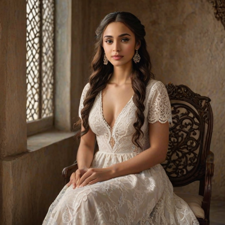 Create a portrait of a refined and elegant Coptic woman seated in a sophisticated setting. She has long, wavy hair styled in two thick braids that are pulled over her shoulders. She wears a white, lace gown with intricate patterns, featuring a deep V-neckline and short sleeves. The dress exudes a vintage charm with its delicate lacework. She is adorned with ornate, dangling earrings that add a touch of glamour to her appearance. The background is softly lit, with warm, ambient lighting that creates a cozy and inviting atmosphere. Her expression is poised and serene, capturing a sense of grace and elegance.