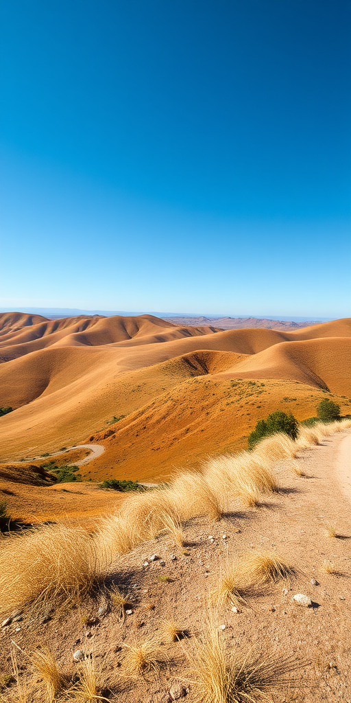 Generate a high-resolution image of a serene landscape featuring rolling hills and a clear blue sky, using a 50mm lens, aperture f/1.8, ISO 100, shot from a low angle perspective, capturing vibrant colors and rich textures.