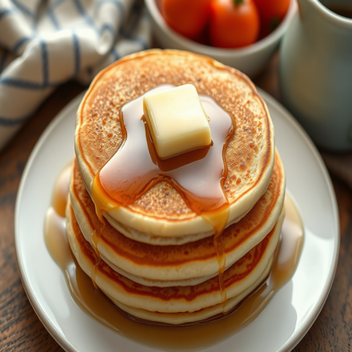 Create a detailed illustration of a stack of pancakes topped with a melting pat of butter, shot with a Canon EOS R5 at f/2.8, ISO 100, 50mm lens, in overhead view, using a soft focus style to enhance the texture and warmth of the pancakes.