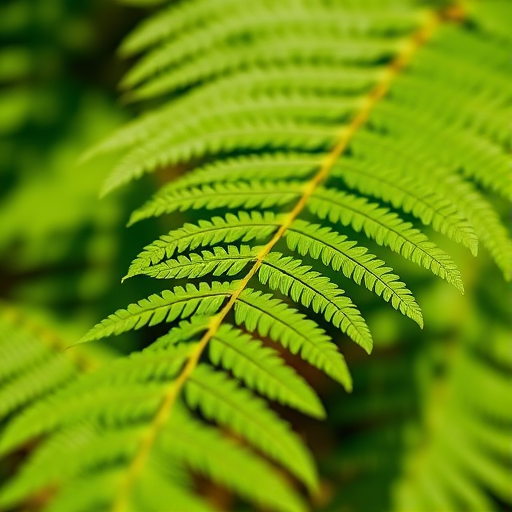 Create a high-resolution image of a lush green fern leaf, portrait orientation, with a shallow depth of field, using a DSLR camera, f-stop at 2.8, ISO 100, focal length of 50mm, natural sunlight for lighting.