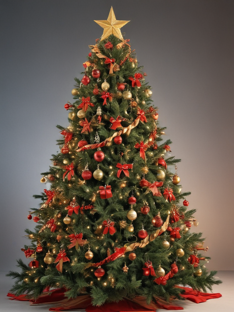 Festively Decorated Christmas Tree with Golden Star and Red Ornaments