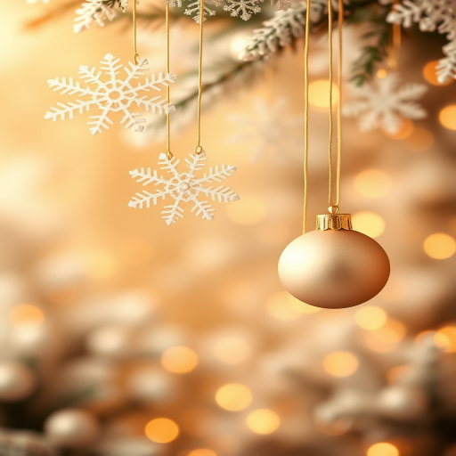 Create a festive winter background featuring soft golden tones with hanging white snowflakes and ornaments. Include a gentle bokeh effect to enhance the dreamy atmosphere, making it perfect for a holiday theme.