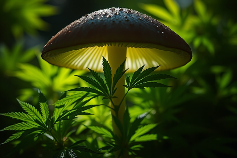 Create an image of a mushroom silhouette filled with lush green cannabis leaves, captured with a DSLR camera at f/8 aperture, ISO 100, 50mm lens, in natural lighting for enhanced detail and clarity.