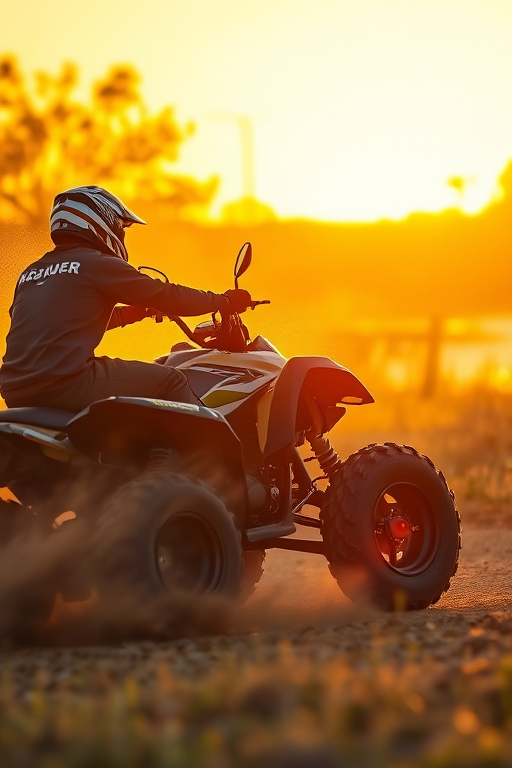 ATV rider kicking up dust at sunset, golden hour lighting, shallow depth of field, ISO 200, f/2.8, 1/500s, captured with a DSLR camera, telephoto lens, side view, vibrant colors, enhanced contrast