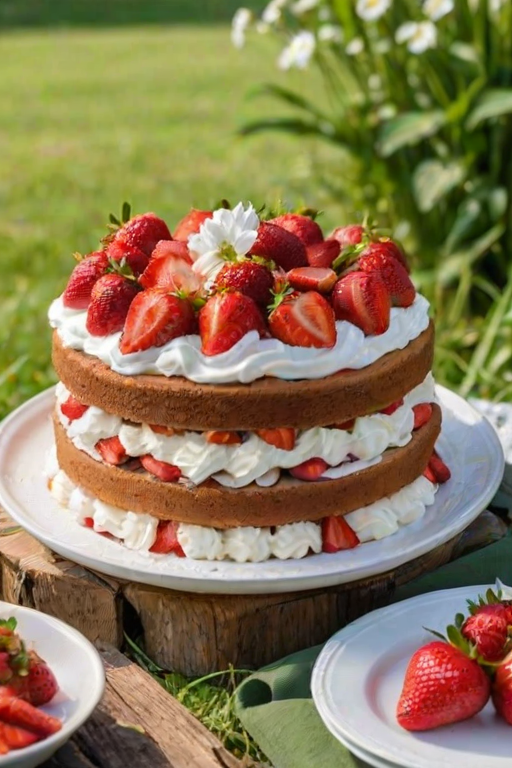 Create a three-layer cake with light sponge layers. Each layer is filled with fresh strawberries and whipped cream. The top is decorated with whole strawberries and a dollop of whipped cream. The cake is presented on a white plate with a green grass background and a rustic wooden box in the background.